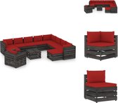 vidaXL Pallet loungeset - Grenenhout - 5x middenbank - 3x hoekbank - 3x tafel/voetenbank - 1x eenzitsbank - Rood kussen - Tuinset