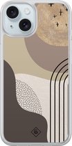 Casimoda® hoesje - Geschikt voor iPhone 15 - Abstract Almond Shapes - 2-in-1 case - Schokbestendig - Geometrisch patroon - Verhoogde randen - Bruin/beige, Transparant
