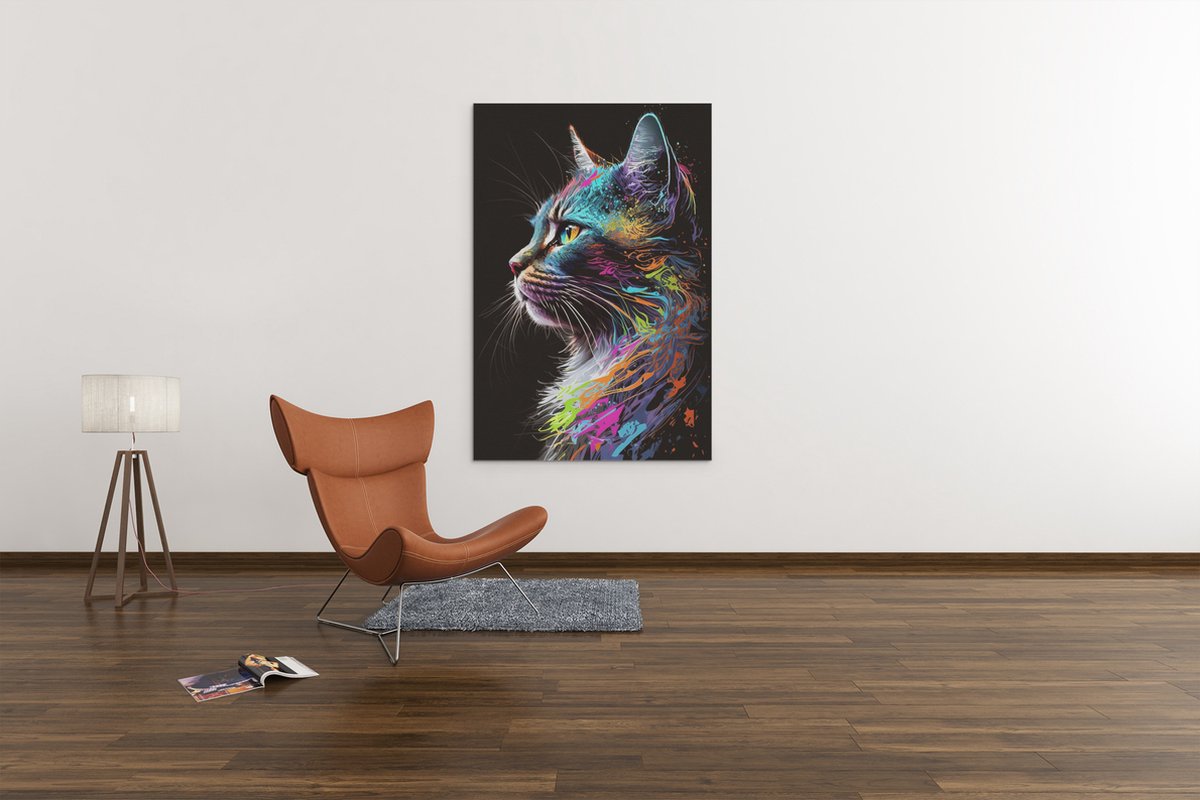 Trendex Global Canvas Schilderij Dieren - Kleurrijke Kat - Wanddecoratie - 150x100x2 cm