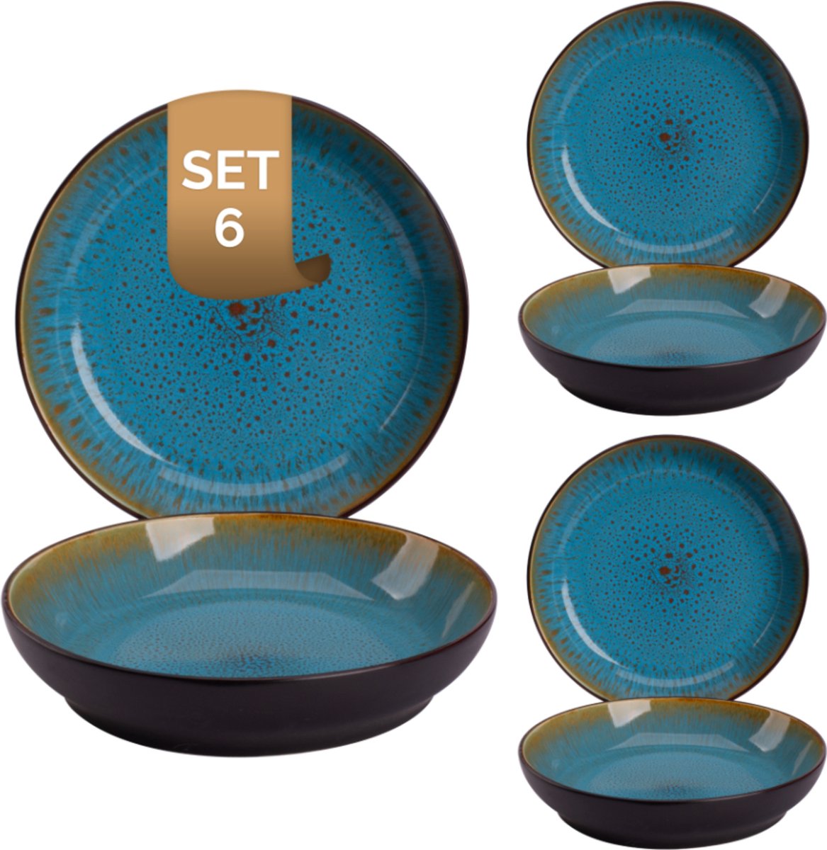 Palmer - Lotus - Bord diep - Pastabord - 6 stuks - ø 21 cm - Turquoise/Zwart - Stoneware - Bordenset