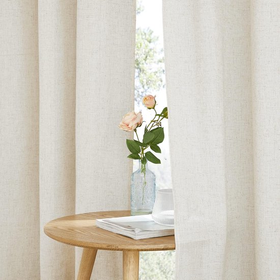 Extra Long Curtains and Curtains Living Room Boho Curtain Linen Eyelet Curtain Set of 2 Curtains Semi-Transparent Linen Look Curtain Linen Curtains for Living Room, H 260 x W 140 cm, Cream