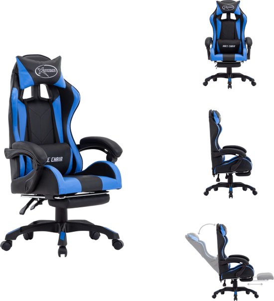 vidaXL Racestoel - Verstelbaar - Uittrekbare voetsteun - Blauw/Zwart - 64x65x(111.5-119)cm - Bureaustoel