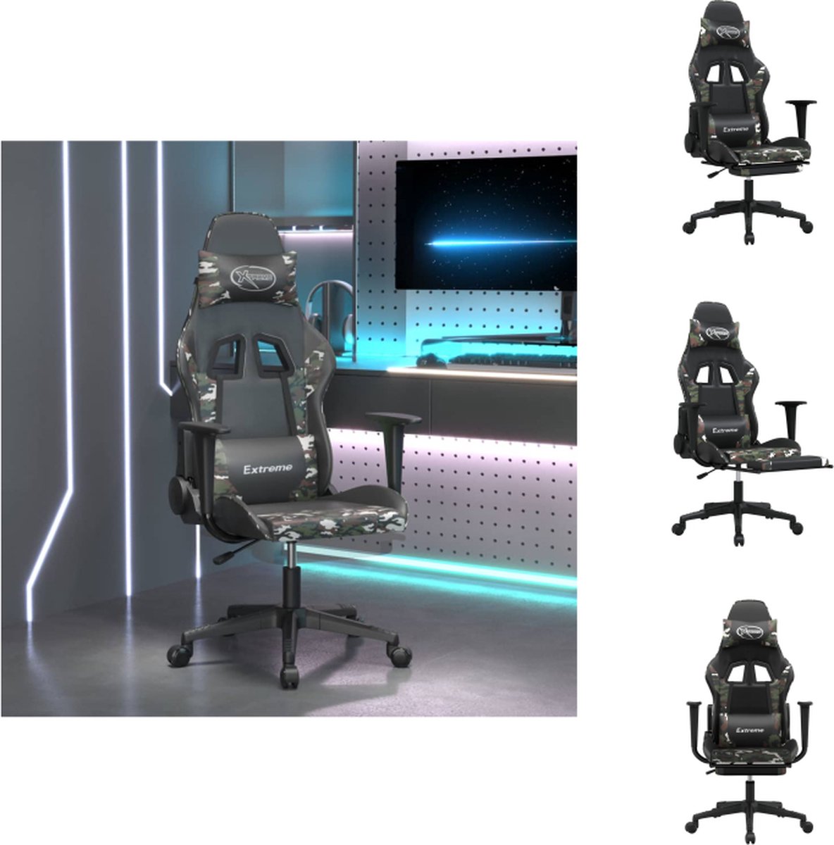 vidaXL Massage - gamestoel - met - voetensteun - kunstleer - zwart - en - camouflage Zwart en camouflage