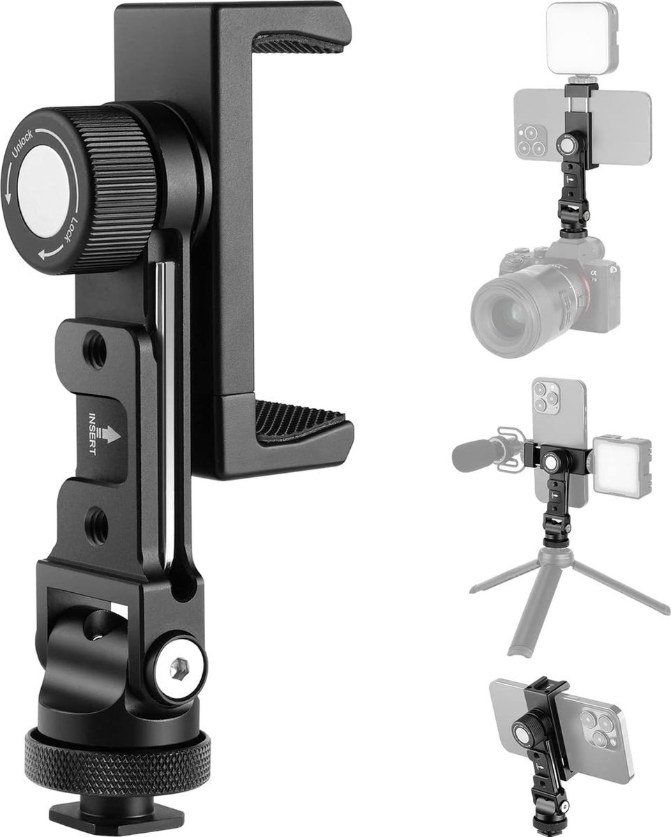 Neewer® - Metalen Mobiele Telefoon Statief Montage Adapter met 4 Cold Shoes & Drie 1/4 Inch Schroefgaten - 360° Horizontaal Draaibaar, 180° Kantelbare Telefoonhouder - Compatibel met iPhone Samsung