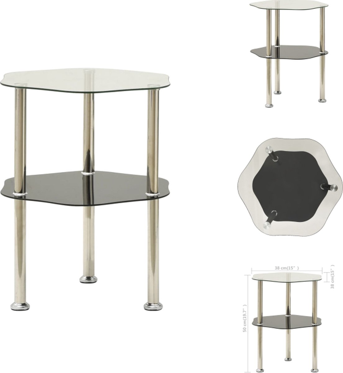 VidaXL Bijzettafel 2 lagen 38 x 38 x 50 cm Gehard glas Ruwe slijpafwerking Roestvrij staal Tafel