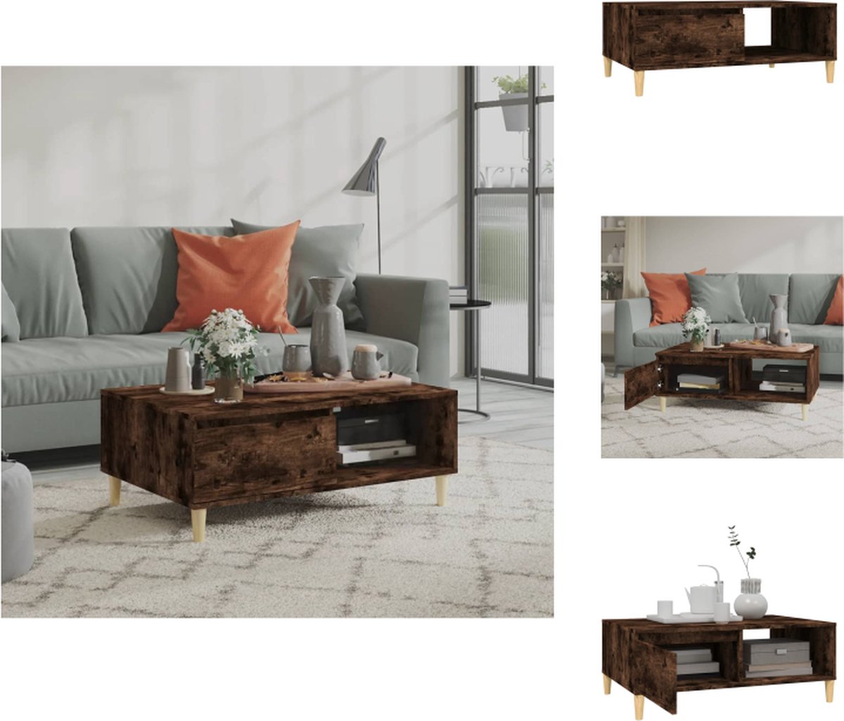 VidaXL Salontafel Houten 90 x 60 x 35 cm Gerookt eiken Opbergschappen Tafel
