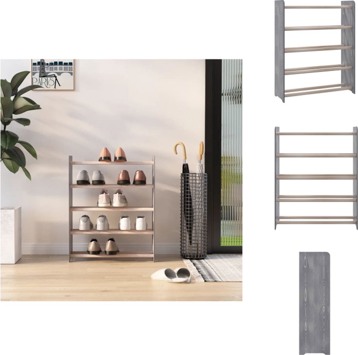 VidaXL Schoenenrek Massief Grenenhout Stabiele schappen Voldoende opbergruimte Trendy ontwerp Grijs 65x24x81cm Schoenenkast