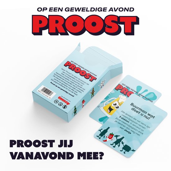 PROOST! speldoos en spelkaarten met een glas bier en glas rode wijn.