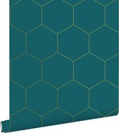 ESTAhome behangpapier hexagon petrolblauw en goud - 139455 - 0,53 x 10,05 m