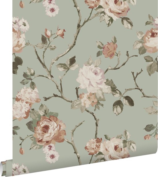 ESTAhome behang vintage bloemen vergrijsd mintgroen en zacht roze - 53 cm x 10.05 m - 139291