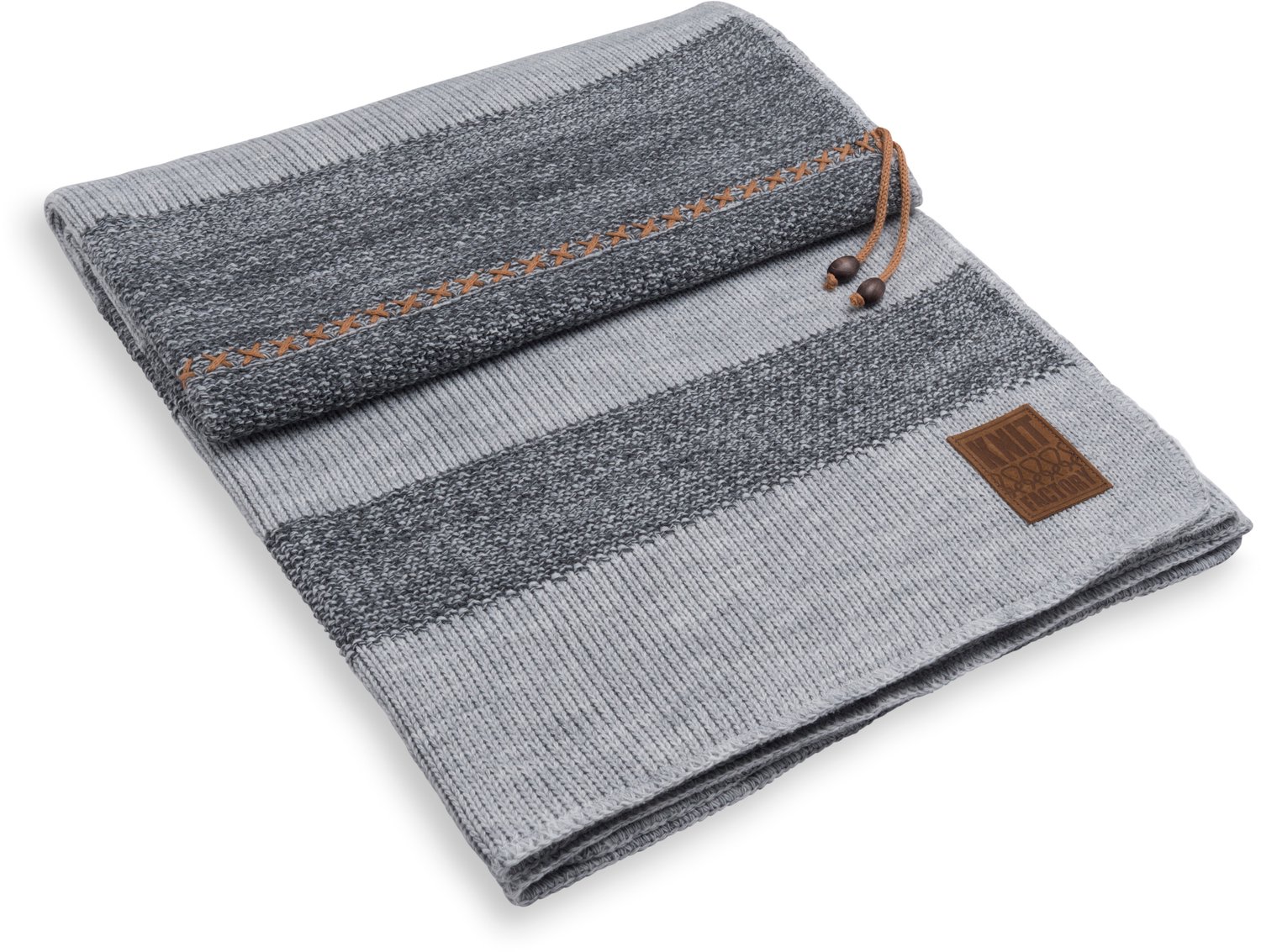 Knit Factory Roxx Gebreid Plaid - Woondeken - plaid - Wollen deken - Kleed - Licht Grijs/Antraciet - 160x130 cm