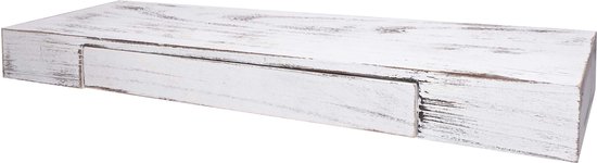 Liggend aanzicht van een witte zwevende plank met dichte lade en verweerd hout.