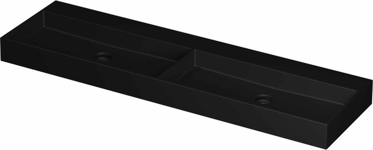 INK United porseleinen dubbele wastafel zonder kraangat met porseleinen click-plug en verborgen overloop systeem 160 x 45 x 11 cm, mat zwart