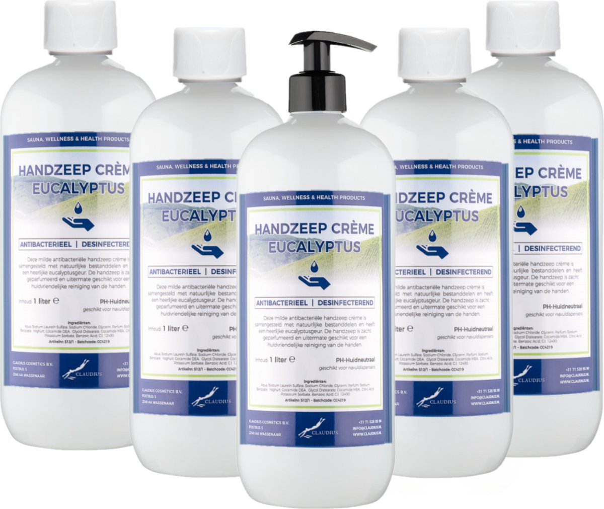 Goedkoopste Handzeep Crème Eucalyptus 1 liter - met gratis pomp - set van 5 stuks - Voordeelverpakking