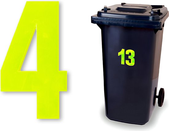 Grote, gele nummer 4 sticker naast een zwarte afvalcontainer met nummer 13.