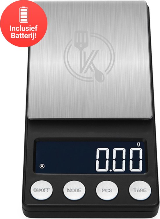Kitchenwell digitale mini precisie keukenweegschaal - 0,01 tot 200 gram - 14.2 x 7.5 cm - pocket scale op batterij - weegschaal keuken