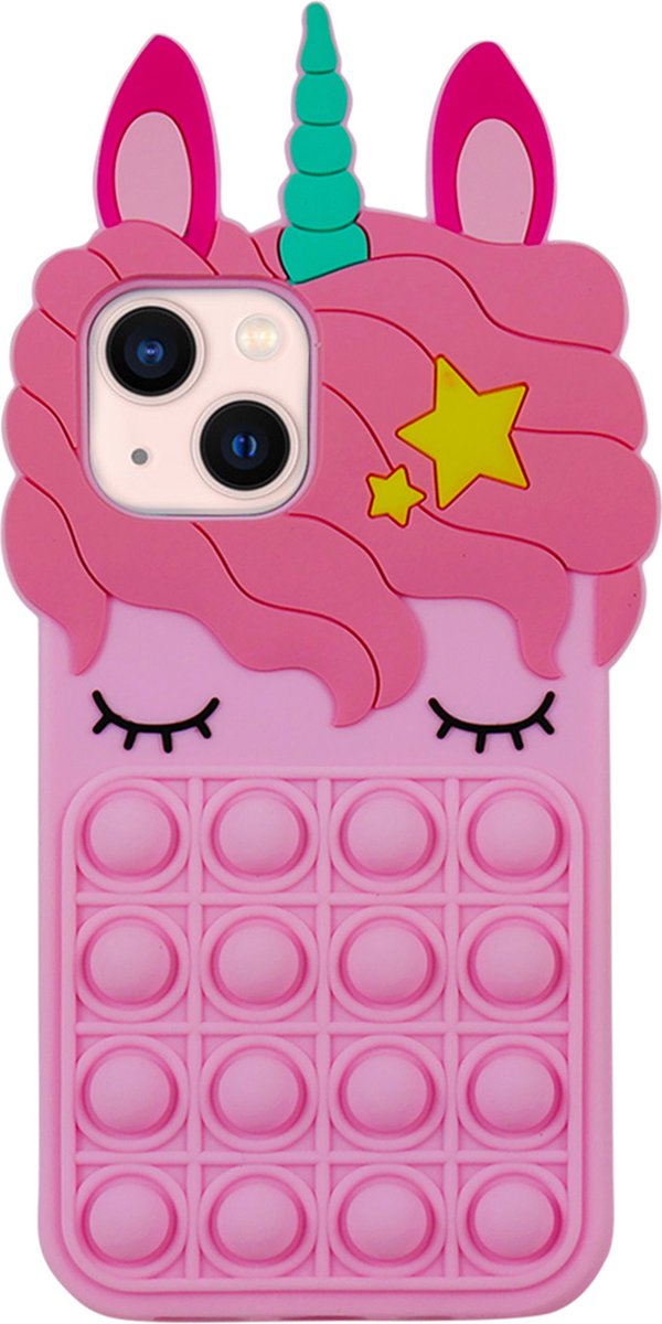 Peachy Unicorn Pop Fidget Bubble siliconen hoesje voor iPhone 15 Plus - roze