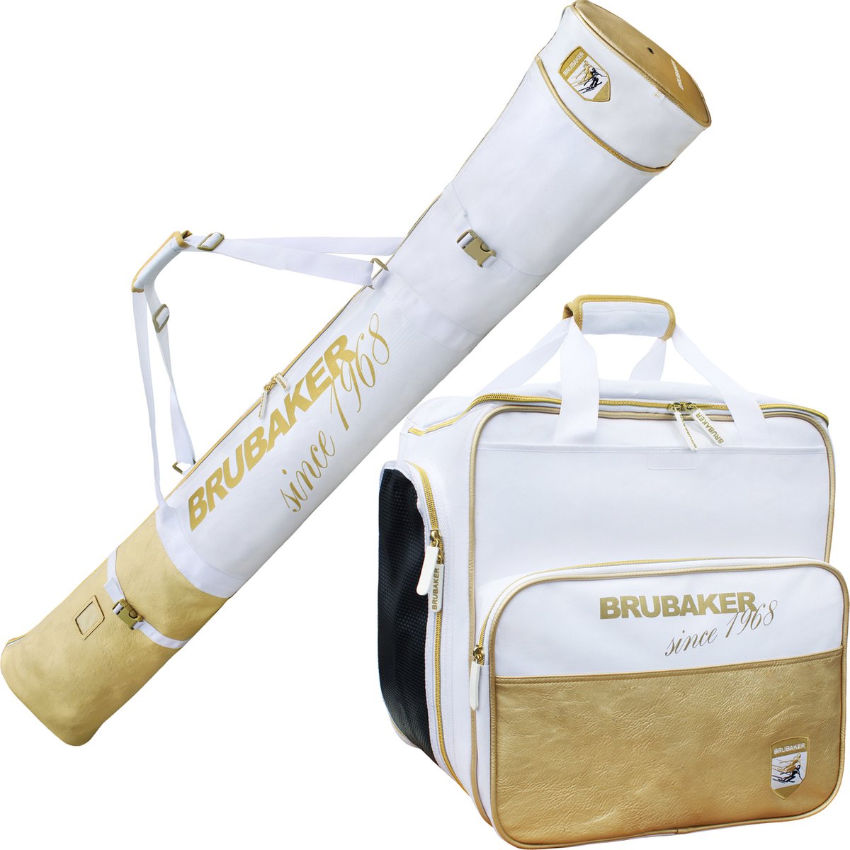 BRUBAKER Combi Set St. Moritz - Skitas en Skischoen Tas - voor 1 paar Ski's en Stokken tot 170 cm - Skischoenen en Helm - Wit Goud
