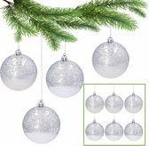 Kunststof kerstballen met glitters 8cm, set zilveren kerstballen, kerstboomversieringen, 6 st.