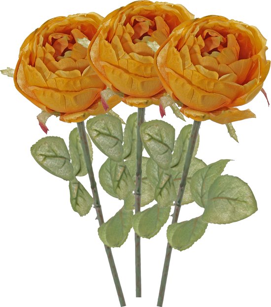 Top Art Kunstbloem roos Diana - 3x - oranje - 36 cm - plastic steel - decoratie bloemen