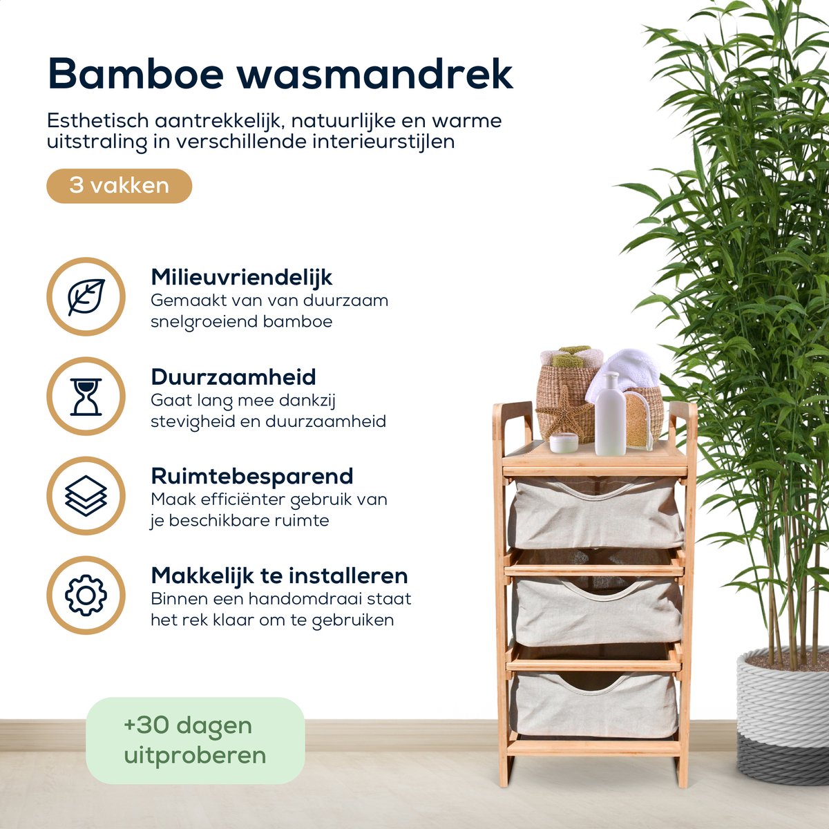 Floordirekt wasmand van bamboe, wasverzamelaar met 2 vakken, wasmand voor vuile was, houten wassorteerder met grote wasbox (Dakota) (64B x 33D x 73H cm