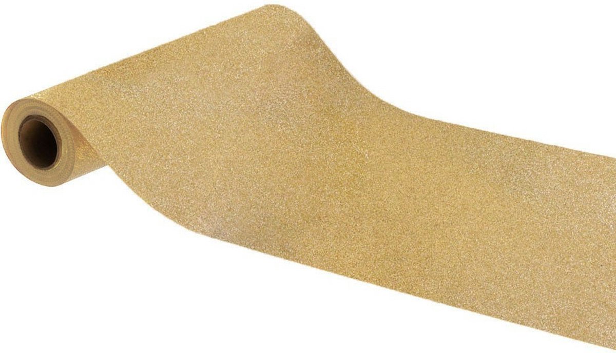 Chaks Kerst thema tafelloper op rol - 2x - gouden glitter - 30 x 500 cm - polyester