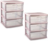 PlasticForte ladeblokje/bureau organizer - 2x - 3 lades - transparant/roze - L39 x B40 x H49 cm