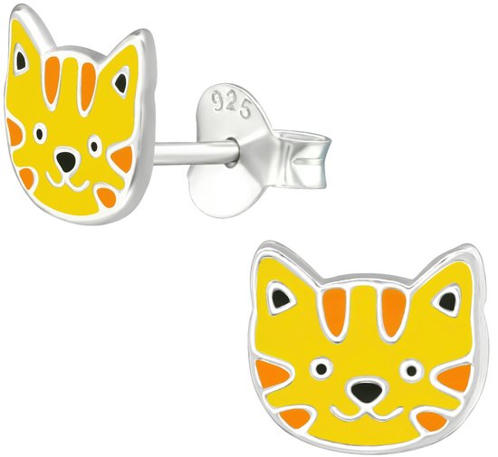 Joy|S - Zilveren tijger kat poes oorbellen - 8 x 7 mm - oorknoppen voor kinderen