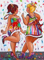 2 Dansende dikke dames | Vrolijk Schilderij | 120x90cm | Dikte 2 cm | Canvas schilderijen woonkamer | Wanddecoratie | Schilderij op canvas | Kunst | Corrie Leushuis