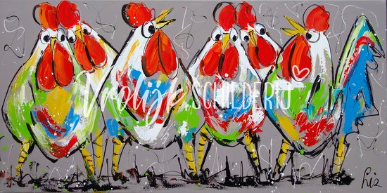 6 Vrolijke kippen | Vrolijk Schilderij | 120x60cm | Dikte 2 cm | Canvas schilderijen woonkamer | Wanddecoratie | Schilderij op canvas | Kunst | Corrie Leushuis