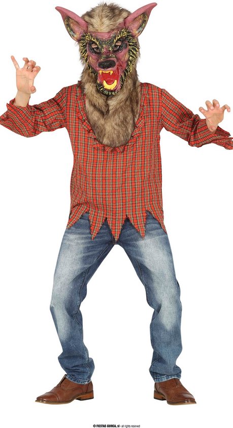 Guirca - Weerwolf Kostuum - Nachthuiler Wouter Wolf Kind Kostuum - Rood, Bruin - 7 - 9 jaar - Halloween - Verkleedkleding