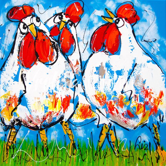 3 Gekke kippen | Vrolijk Schilderij | 80x80cm | Dikte 2 cm | Canvas schilderijen woonkamer | Wanddecoratie | Schilderij op canvas | Kunst | Corrie Leushuis