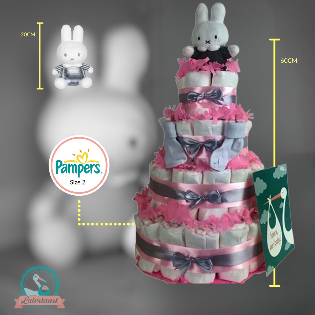 Goedkoopste Luiertaart meisje 4-laags met Nijntje en 87 A-merk pampers - kraamcadeau - babyshower- pampertaart