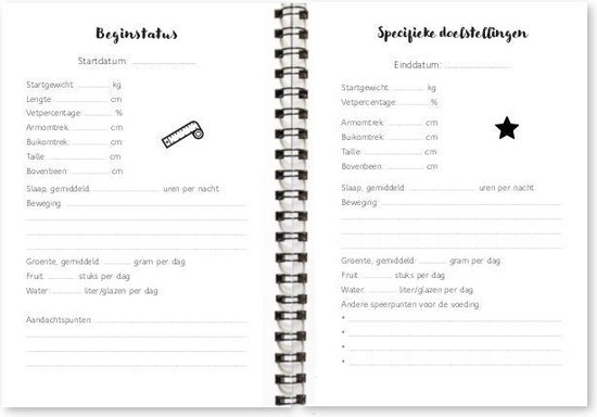 Eetdagboek met secties 'Beginstatus' en 'Specifieke doelstellingen'.