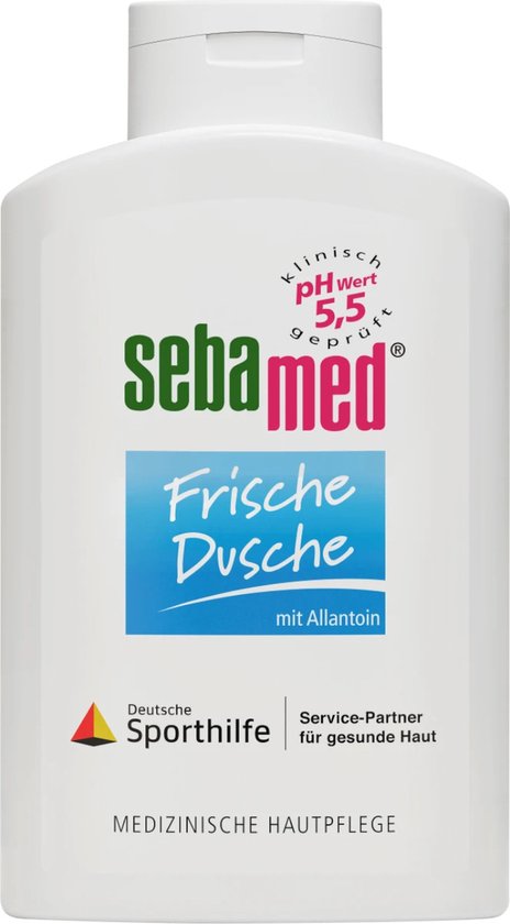 Witte fles Sebamed Frisse Douche met Allantoïne. Klinisch getest pH 5,5.