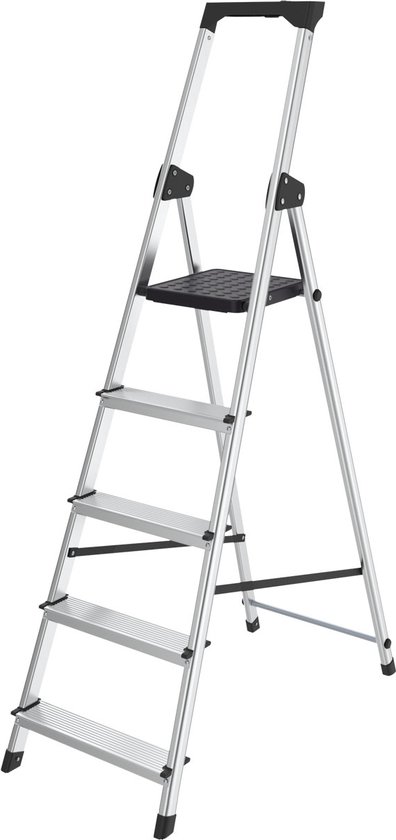 Foto: Brasq huishoudtrap 5 treden zilver keukentrap inklapbaar aluminium voor particulier en professioneel gebruik trap ladder anti slip