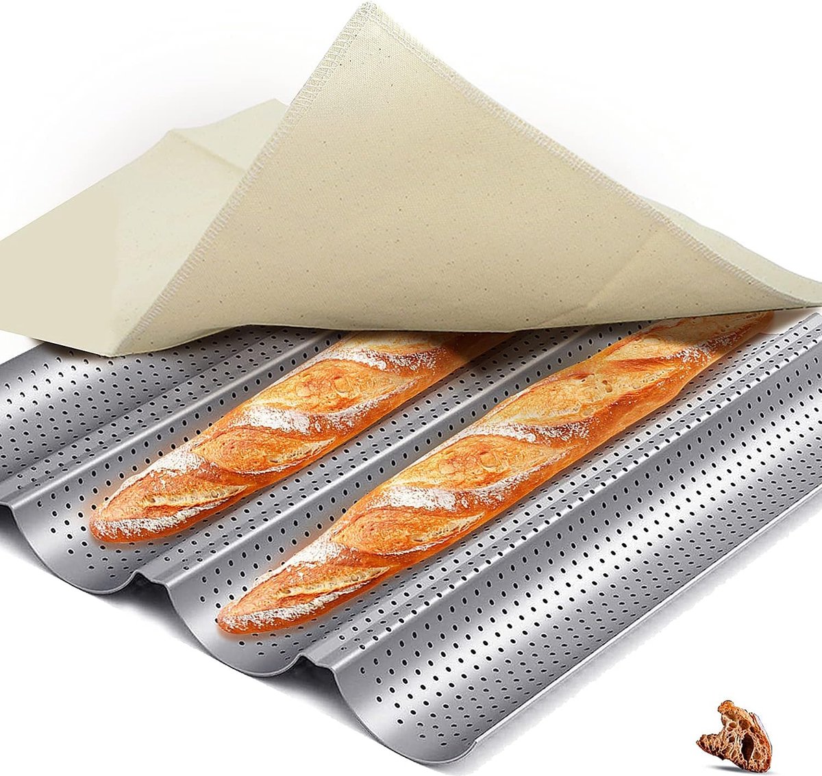 Bakvorm met antiaanbaklaag, geperforeerd Franse baguettebrood-pan met beschermende doek, 33 x 33 cm bakplaat, 4 Wave Loaves brood-bakvorm toast geperforeerd bakkersvormen