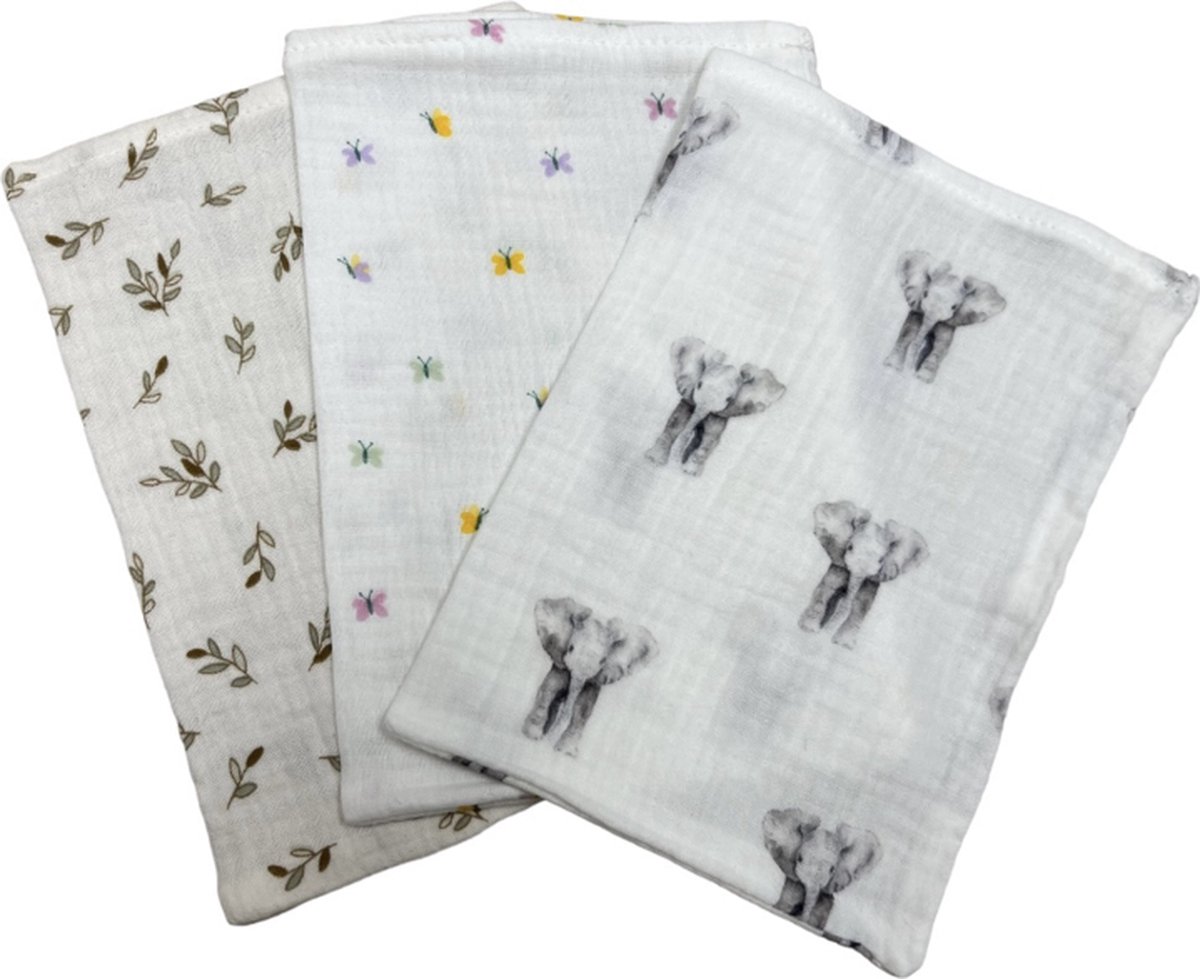 hydrofiel washandjes set van 3 vlinder takje olifant