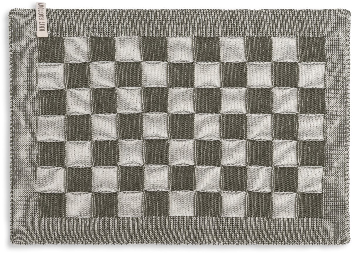 Knit Factory Gebreide Placemat Block - Rechthoek - Dubbelzijdig te gebruiken - Eetmat - Onderlegger - Ecru/Khaki - Donkergroen - 50x30 cm