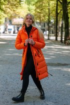 Lange dames winterjas - Gewatteerd en getailleerd - Oranje - Maat XL (42)