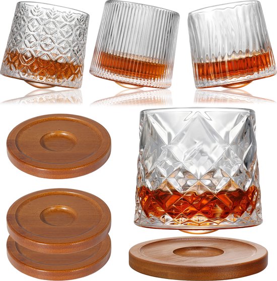 Uten Luxe Whiskey Glazen - Tumbler Whiskey Set Van 4 - Kristallen Whiskey Glas - Incl 4 Draaibaar Onderzetters - 275ml - Transparant