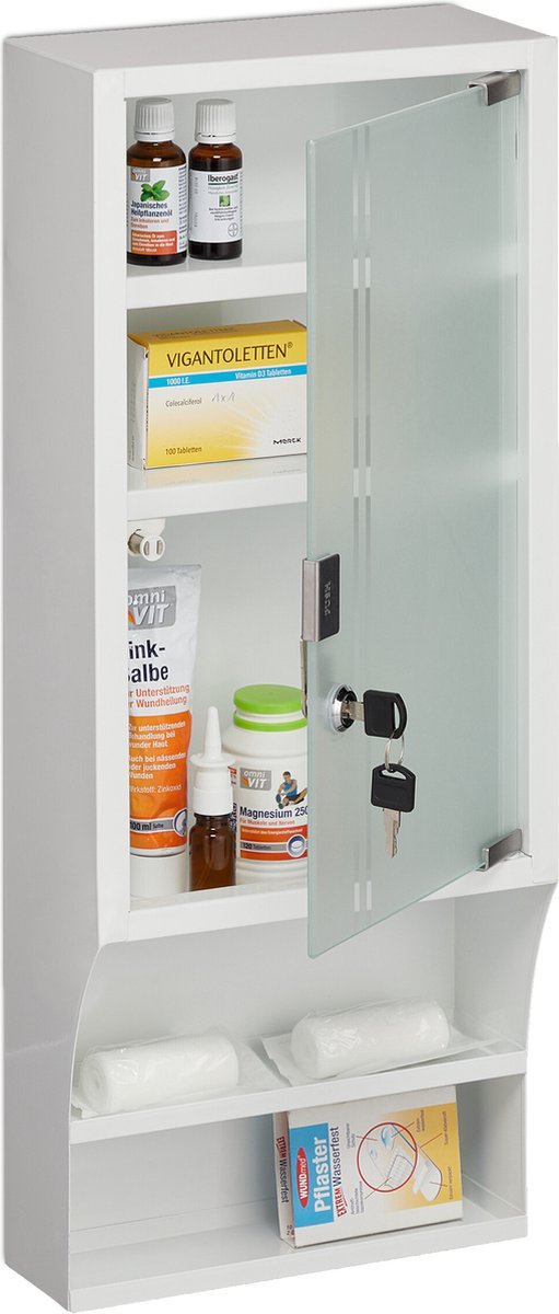 medicijnkast - glazen deur - afsluitbaar - 5 vakken - 65 x 27 x 12 cm - muur - wit