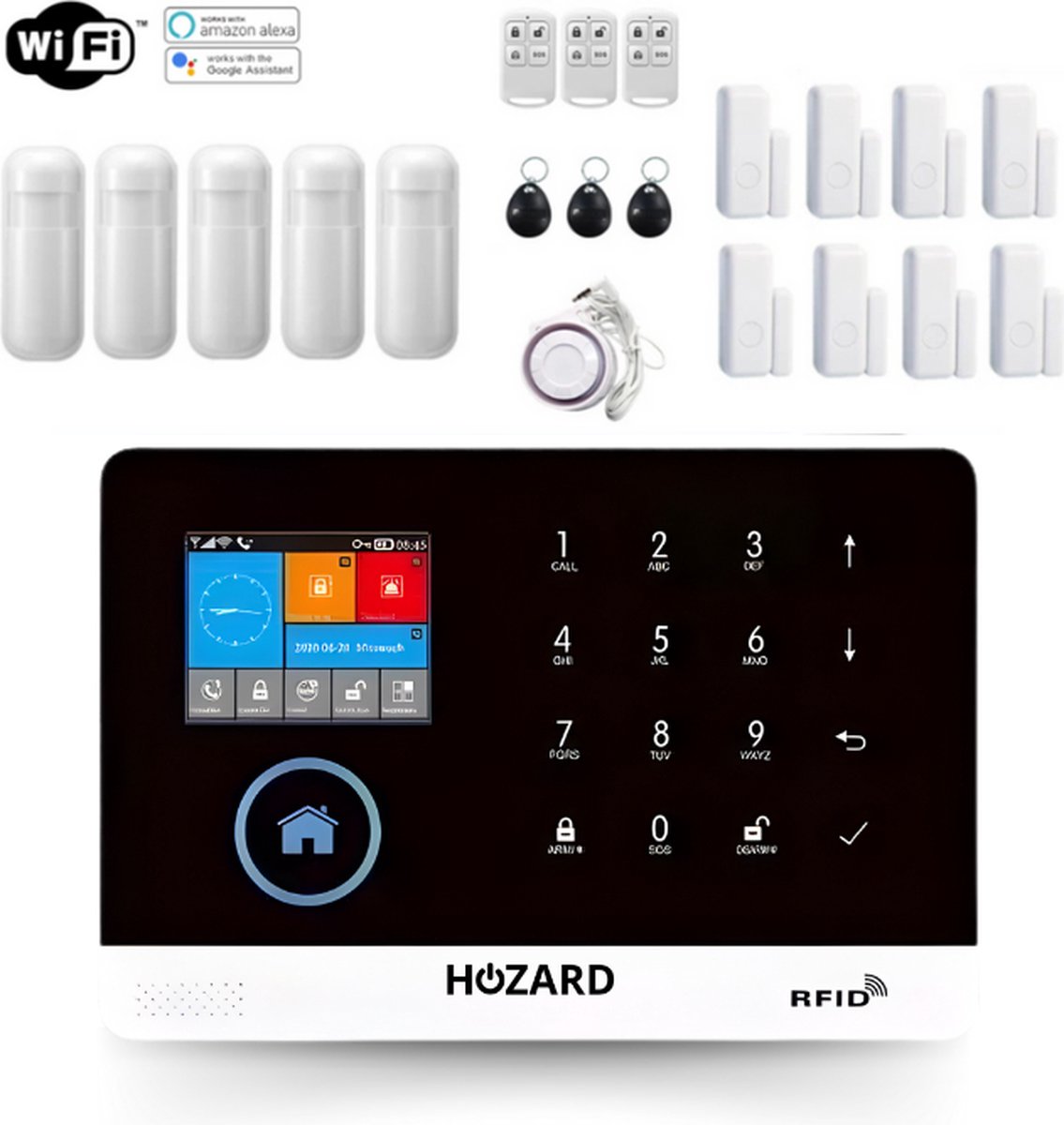 Hozard® Alarmsysteem | Met Sirene | Smart Home Beveiligingssysteem | | Wifi Alarm & 4G| LCD Scherm | Incl RFID Tags | Deur/Raam Sensoren | Beweging Sensoren