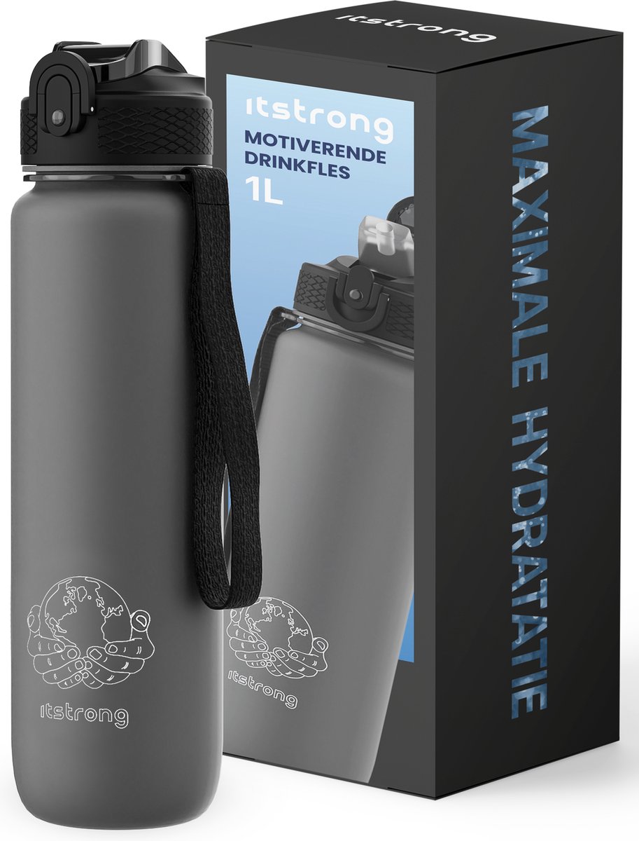 Itstrong Waterfles met Rietje - Voor Volwassenen & Kinderen - Drinkfles 1 Liter - BPA Vrij - Lekvrij - Sportbidon - Motivatie Fles