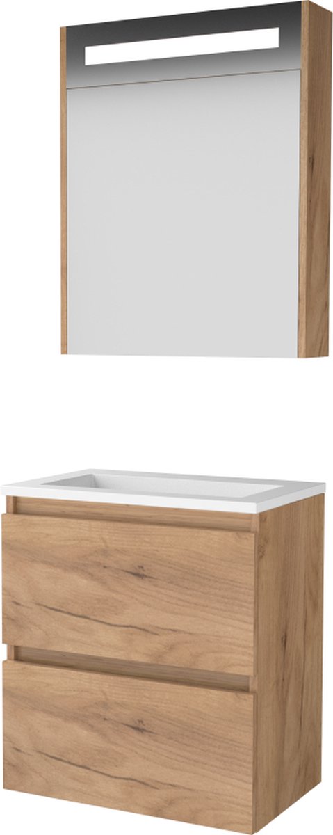 Basic Premium 39 badmeubelset met spiegelkast met geïntegreerde LED verlichting, greeploze wastafelonderkast met 2 lades en acryl wastafel zonder