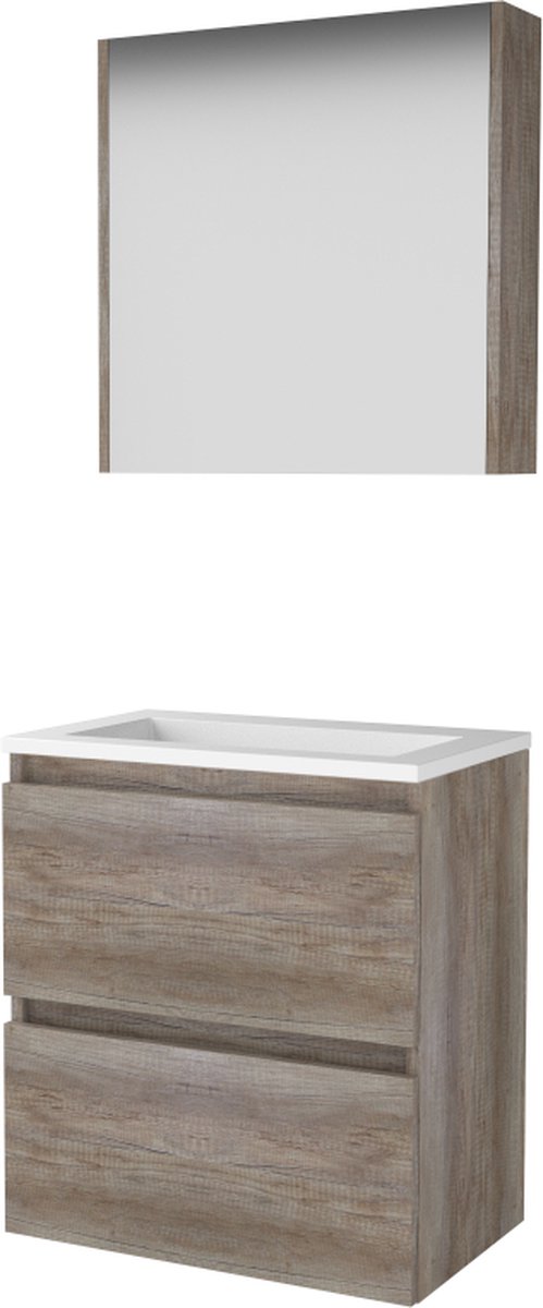 Basic Comfort 39 badmeubelset met spiegelkast, greeploze wastafelonderkast met 2 lades en acryl wastafel zonder kraangaten 60 x 39 cm, scotch oak