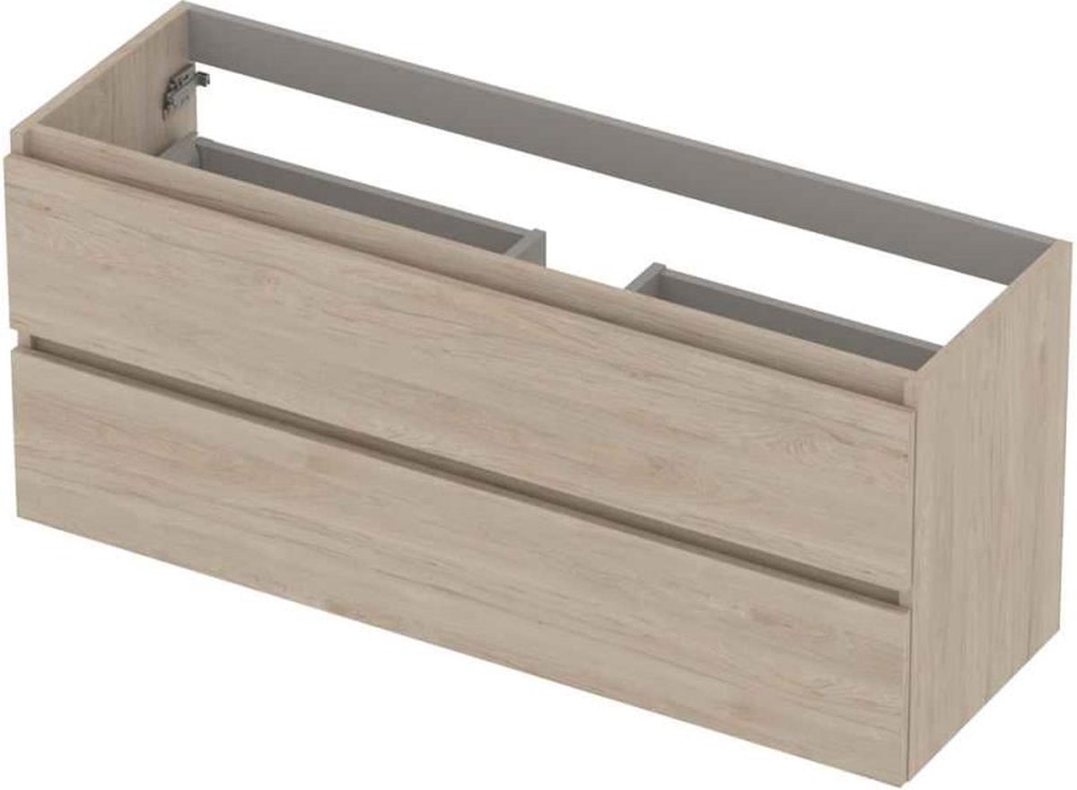 INK wastafelonderkast 2 laden greeploos met houten keerlijst 120x40x52cm, ivoor eiken