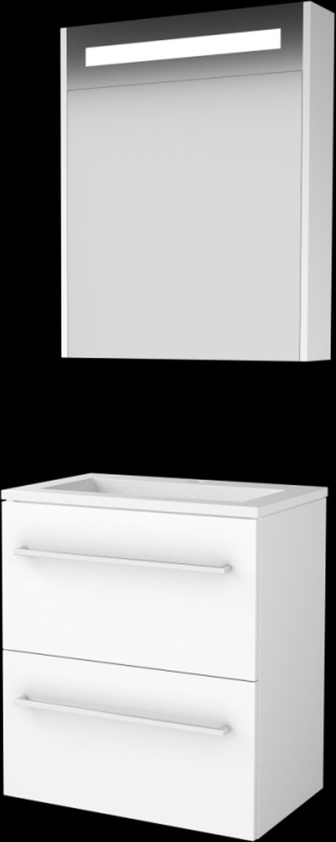 Basic Premium 39 badmeubelset met spiegelkast met geïntegreerde LED verlichting, wastafelonderkast met grepen, 2 lades en acryl wastafel met 1