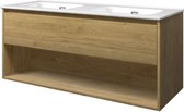 Proline Porselein Elegant badmeubelset met wastafelonderkast met schap en glans witte dubbele wastafel zonder kraangaten 120 x 46 x 52 cm, ideal oak