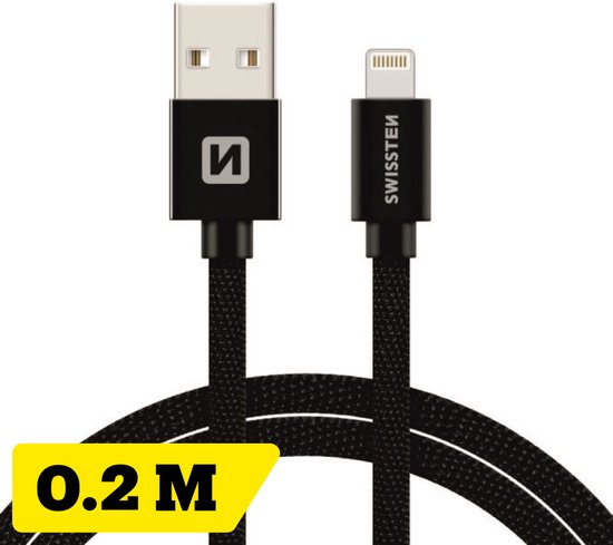 Swissten Lightning naar USB kabel - 0.2M - Gevlochten kabel geschikt voor iPhone 7/8/X/11/12/13/14 - Zwart